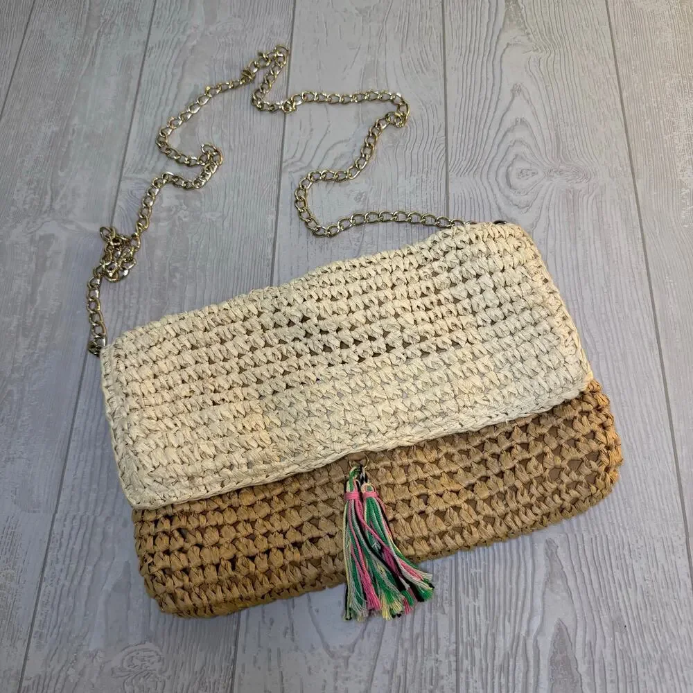 Women's Paper Straw Natural Crossbody Purse Bag With Chain Strap Summer Beach